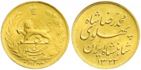 Ausländische Goldmünzen und -medaillen
Iran
Mohammed Reza Pahlavi, 1941-1979
Pahlavi SH 1323 = 1944. 8,14 g. 900/1000.
prägefrisch