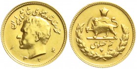 Ausländische Goldmünzen und -medaillen
Iran
Mohammed Reza Pahlavi, 1941-1979
1/2 Pahlavi SH 1324 = 1945. 4,07 g. 900/1000.
fast Stempelglanz
