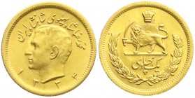 Ausländische Goldmünzen und -medaillen
Iran
Mohammed Reza Pahlavi, 1941-1979
Pahlavi SH 1334 = 1955. 8,14 g. 900/1000.
fast Stempelglanz