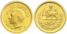 Ausländische Goldmünzen und -medaillen
Iran
Mohammed Reza Pahlavi, 1941-1979
Pahlavi SH 1338 = 1959. 8,14 g. 900/1000.
fast Stempelglanz