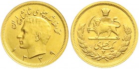 Ausländische Goldmünzen und -medaillen
Iran
Mohammed Reza Pahlavi, 1941-1979
Pahlavi SH 1339 = 1960. 8,14 g. 900/1000.
fast Stempelglanz