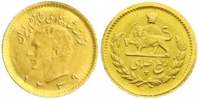 Ausländische Goldmünzen und -medaillen
Iran
Mohammed Reza Pahlavi, 1941-1979
1/4 Pahlavi SH 1339 = 1961. 2,03 g. 900/1000.
prägefrisch