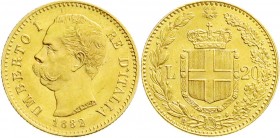 Ausländische Goldmünzen und -medaillen
Italien- Königreich
Umberto I., 1878-1900
20 Lire 1882 R. 6,45 g. 900/1000.
vorzüglich/Stempelglanz