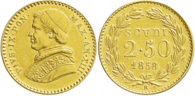 Ausländische Goldmünzen und -medaillen
Italien-Kirchenstaat
Pius IX., 1846-1878
2 1/2 Scudi 1858 R, AN XIII. 4,33 g. 900/1000.
vorzüglich/Stempelg...