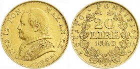 Ausländische Goldmünzen und -medaillen
Italien-Kirchenstaat
Pius IX., 1846-1878
20 Lire 1866 R. AN XX. 6,45 g. 900/1000.
vorzüglich