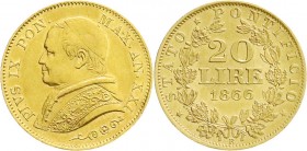Ausländische Goldmünzen und -medaillen
Italien-Kirchenstaat
Pius IX., 1846-1878
20 Lire 1866 R. AN XXI. 6,45 g. 900/1000.
gutes vorzüglich, kl. Ra...