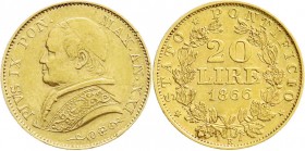 Ausländische Goldmünzen und -medaillen
Italien-Kirchenstaat
Pius IX., 1846-1878
20 Lire 1866 R. AN XXI. 6,45 g. 900/1000.
fast vorzüglich, kl. Ran...