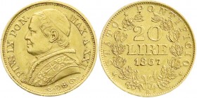 Ausländische Goldmünzen und -medaillen
Italien-Kirchenstaat
Pius IX., 1846-1878
20 Lire 1867 R. A XXII, großes Brustbild. 6,45 g. 900/1000.
vorzüg...