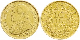 Ausländische Goldmünzen und -medaillen
Italien-Kirchenstaat
Pius IX., 1846-1878
10 Lire 1867 R. A XXII, großes Brustbild. 3,23 g. 900/1000.
vorzüg...