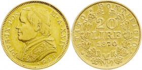 Ausländische Goldmünzen und -medaillen
Italien-Kirchenstaat
Pius IX., 1846-1878
20 Lire 1870 R XXIV, großes Brustbild. 6,45 g. 900/1000.
gutes seh...