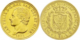 Ausländische Goldmünzen und -medaillen
Italien-Sardinien
Carl Felix, 1821-1831
80 Lire 1825 L, Adler, Genua. 25,80 g. 900/1000.
gutes sehr schön, ...