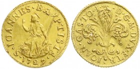 Ausländische Goldmünzen und -medaillen
Italien-Toskana
Giovanni Gaston, 1723-1737
Florino (Zecchino) 1729, sitzender Johannes der Täufer. 3,48 g.
...