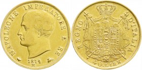 Ausländische Goldmünzen und -medaillen
Italien-unter Napoleon
Napoleon I., 1804-1814
40 Lire 1814 M. 12,90 g. 900/1000.
sehr schön/vorzüglich