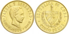 Ausländische Goldmünzen und -medaillen
Kuba
1. Republik, 1898-1962
5 Pesos 1915. Kopf n.r./Wappen. 8,36 g. 900/1000.
vorzüglich/Stempelglanz