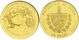 Ausländische Goldmünzen und -medaillen
Kuba
2. Republik, seit 1962
25 Pesos 2004 auf die Fussball-WM 2006 in Deutschland. Spieler vor Europakarte. ...