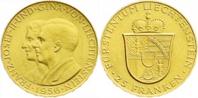 Ausländische Goldmünzen und -medaillen
Liechtenstein
Franz Josef II., 1938-1989
25 Franken 1956, zum 50. Geburtstag. 5,65 g. 900/1000.
prägefrisch...
