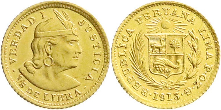 Ausländische Goldmünzen und -medaillen
Peru
Republik, seit 1821
1/5 Libra (1/...