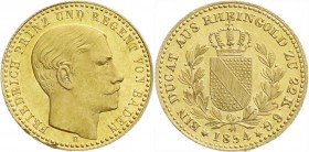 Altdeutsche Goldmünzen und -medaillen
Baden-Durlach
Friedrich 1852-1907
Rheingold-Dukat 1854, Prinz und Regent. 3,66 g. Auflage nur 1820 Ex.
vorzü...