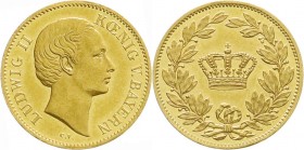 Altdeutsche Goldmünzen und -medaillen
Bayern
Ludwig II., 1864-1886
Geschenk-Dukat o.J. (1864). Kopf n.r. darunter C.V./Krone im Kranz. 3,49 g.
vor...