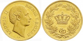 Altdeutsche Goldmünzen und -medaillen
Bayern
Ludwig II., 1864-1886
Geschenk-Dukat o.J. (1864). Kopf n.r. darunter C.V./Krone im Kranz. 3,48 g.
vor...