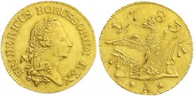 Altdeutsche Goldmünzen und -medaillen
Brandenburg-Preußen
Friedrich II., 1740-1786
Friedrichs d'or 1783 A, Berlin. 6,65 g.
sehr schön/vorzüglich...