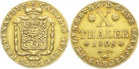 Altdeutsche Goldmünzen und -medaillen
Braunschweig-Wolfenbüttel
Karl Wilhelm Ferdinand, 1780-1806
10 Taler 1805 MC. 13,29 g.
vorzüglich, kl. Randf...