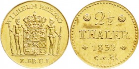 Altdeutsche Goldmünzen und -medaillen
Braunschweig-Wolfenbüttel
Wilhelm, 1831-1884
2 1/2 Taler 1832 C.v.C., Braunschweig. 3,29 g.
vorzüglich/Stemp...