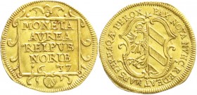 Altdeutsche Goldmünzen und -medaillen
Nürnberg
Stadt
Dukat 1637. Friedenswunsch-Dukat. 3,48 g.
gutes vorzüglich, min. gewellt, sehr selten