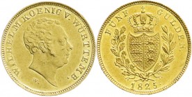 Altdeutsche Goldmünzen und -medaillen
Württemberg
Wilhelm, 1816-1864
5 Gulden 1825. 3,34 g.
vorzüglich