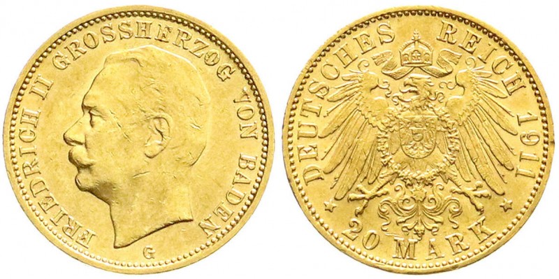 Reichsgoldmünzen
Baden
Friedrich II., 1907-1918
20 Mark 1911 G. vorzüglich/St...