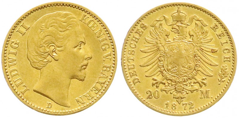 Reichsgoldmünzen
Bayern
Ludwig II., 1864-1886
20 Mark 1872 D. sehr schön/vorz...