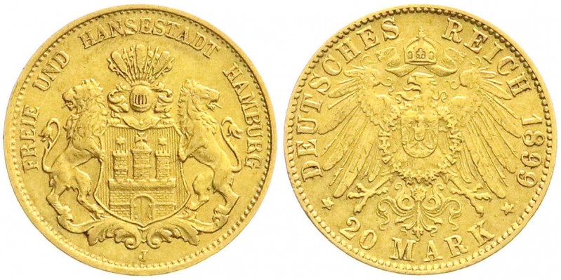 Reichsgoldmünzen
Hamburg
20 Mark 1899 J. sehr schön/vorzüglich