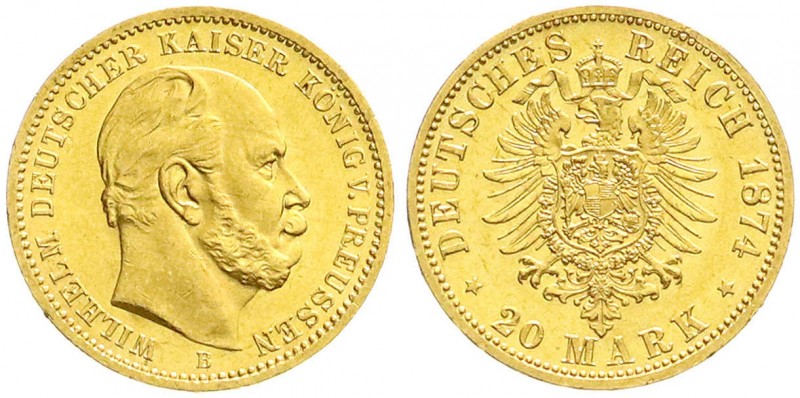 Reichsgoldmünzen
Preußen
Wilhelm I., 1861-1888
20 Mark 1874 B. vorzüglich/Ste...