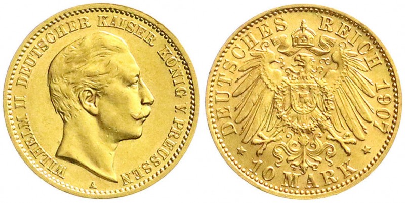 Reichsgoldmünzen
Preußen
Wilhelm II., 1888-1918
10 Mark 1907 A. vorzüglich/St...