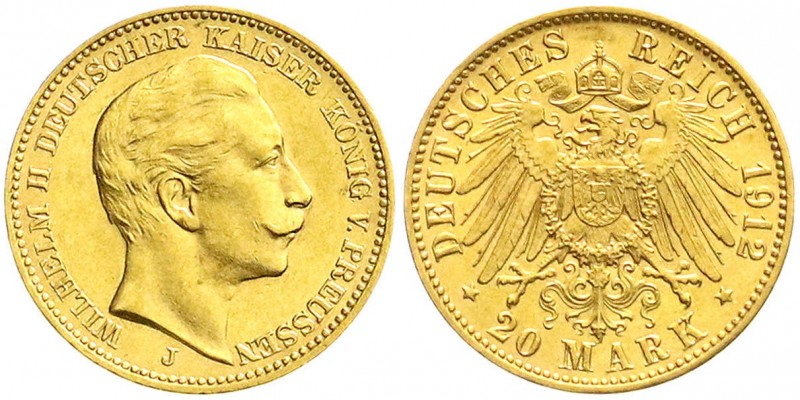 Reichsgoldmünzen
Preußen
Wilhelm II., 1888-1918
20 Mark 1912 J. Hamburg. vorz...