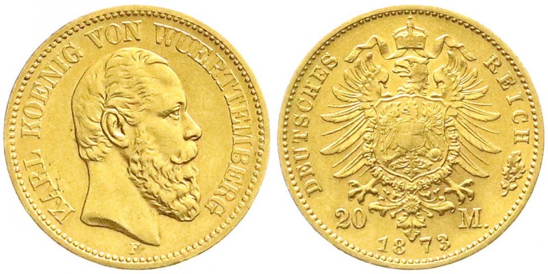 Reichsgoldmünzen
Württemberg
Karl, 1864-1891
20 Mark 1873 F. vorzüglich