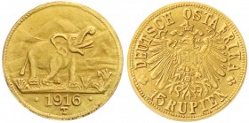 Gold der deutschen Kolonien u. Nebengebiete
Deutsch-Ostafrika
Notmünzen aus Tabora, 1916
15 Rupien 1916 T. Elefant. Grosse Arabeske endet unter A....
