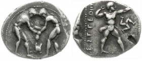 Altgriechische Münzen
Pisidia
Selge
Stater 400/325 v.Chr. Zwei Ringer, dazwischen Astragalos/ΣΕΛΓΕYΝ. Speerwerfer, daneben Keule und Triskelon.
se...