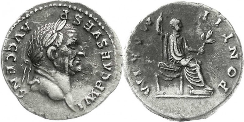 Römische Münzen
Kaiserzeit
Vespasian, 69-79
Denar 73. Bel. Kopf r./PONTIF MAX...