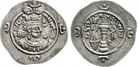 Orientalen
Sassaniden
Ardasher III., 628-630
Drachme, Jahr 2 = 629 Art. Bartlose Büste r./Altar mit zwei Wächtern.
vorzüglich, schöne Patina