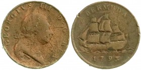 Ausländische Münzen und Medaillen
Bermuda
Britisch, seit 1620
Penny 1793. Segelschiff.
schön, Randfehler