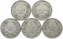 Ausländische Münzen und Medaillen
Bulgarien
Lots
5 X 5 Lewa: 2 X 1885, 1892 und 2 X 1894. sehr schön bis fast vorzüglich