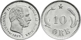 Ausländische Münzen und Medaillen
Dänemark
Christian IX., 1863-1906
10 Öre 1899. Stempelglanz, Prachtexemplar