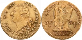 Ausländische Münzen und Medaillen
Frankreich
Ludwig XVI., 1774-1793
Zeitgen. Fälschung zum 30 Sols 1791 I, Limoges, in Kupfer. Leicht abstrahiertes...