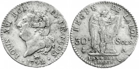 Ausländische Münzen und Medaillen
Frankreich
Ludwig XVI., 1774-1793
30 Sols 1792 A, Paris. sehr schön, min. justiert