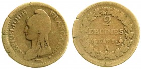 Ausländische Münzen und Medaillen
Frankreich
Erste Republik, 1793-1804
2 Decimes Jahr 5 = 1797 A, Paris. schön/sehr schön, Schrötlingsrisse