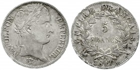 Ausländische Münzen und Medaillen
Frankreich
Napoleon I., 1804-1814, 1815
5 Francs 1810 A, Paris.
fast vorzüglich, feine Tönung