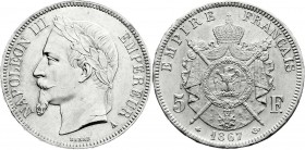 Ausländische Münzen und Medaillen
Frankreich
Napoleon III., 1852-1870
5 Francs 1867 A, Paris. fast Stempelglanz, Prachtexemplar
