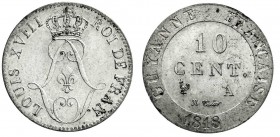 Ausländische Münzen und Medaillen
Französisch Guiana
Ludwig XVIII., 1815-1824
10 Centimes 1818 A, Paris. fast Stempelglanz, Prachtexemplar