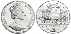 Ausländische Münzen und Medaillen
Gibraltar
Elisabeth II., seit 1952
70 ECU Silber (5 Unzen) 1994. Quadriga, darüber Nike mit Schriftrolle. Auflage...
